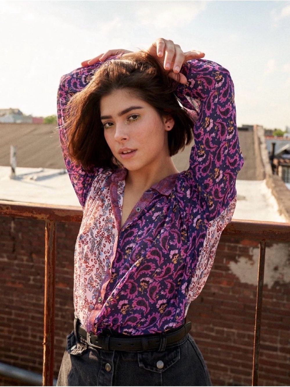 Free People Dani Button Up Blouse XS Boho Flowy Mixed Floral Print Top